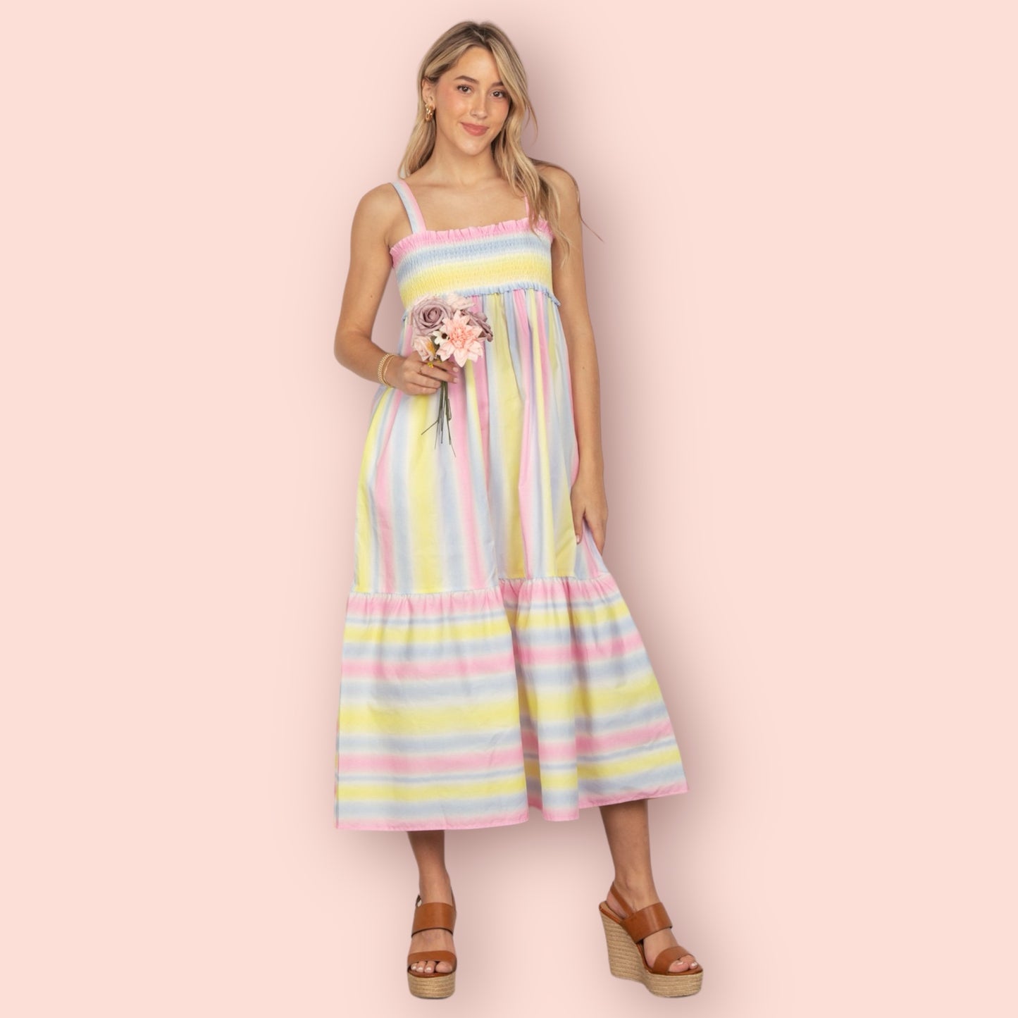 Made Just For You! VERY J Striped Woven Smocked Midi Cami Dress