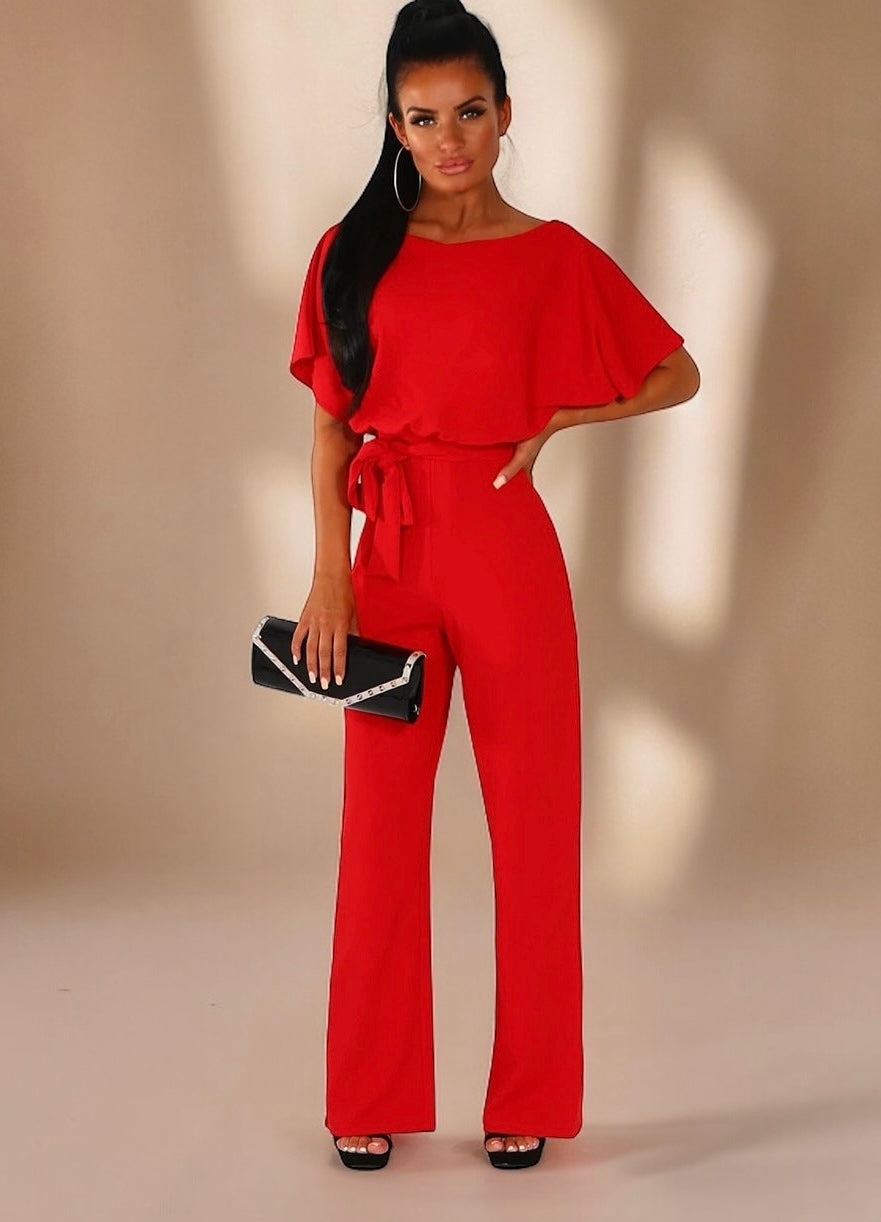 Lace-up Button Short-sleeved Women's Jumpsuit