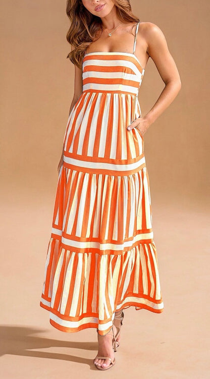 Summer Striped Printed Long Dress With Pockets