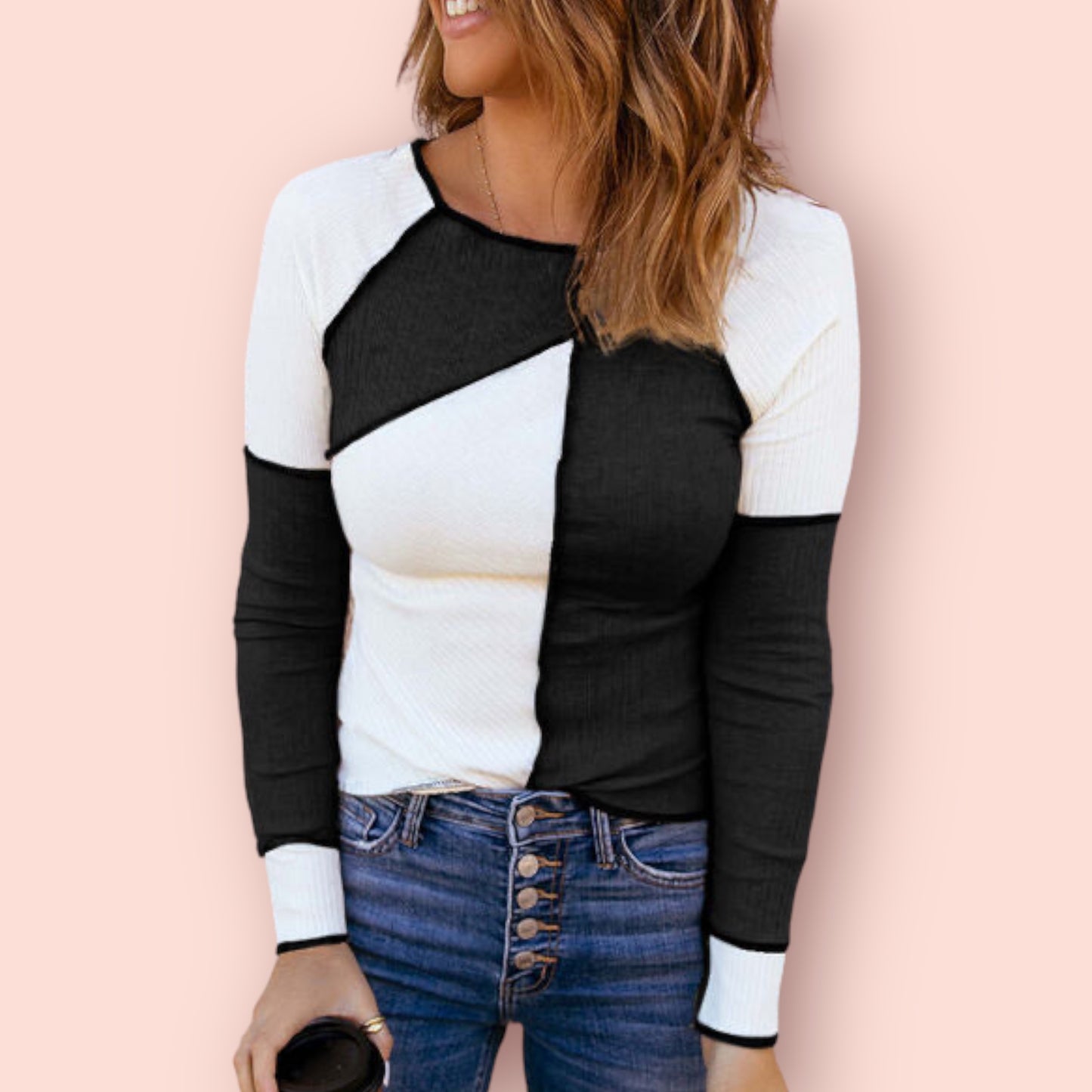 Made Just For You! Color Block Round Neck Long Sleeve Shirt