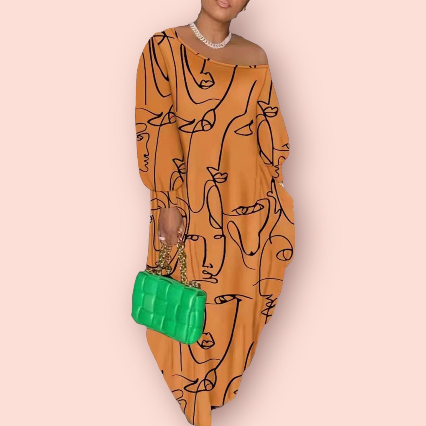 Made Just For You! Printed Single Shoulder Lantern Sleeve Maxi Dress