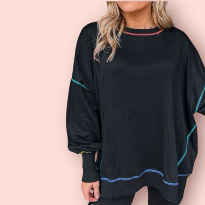 Made Just For You! Slit Round Neck Lantern Sweatshirt