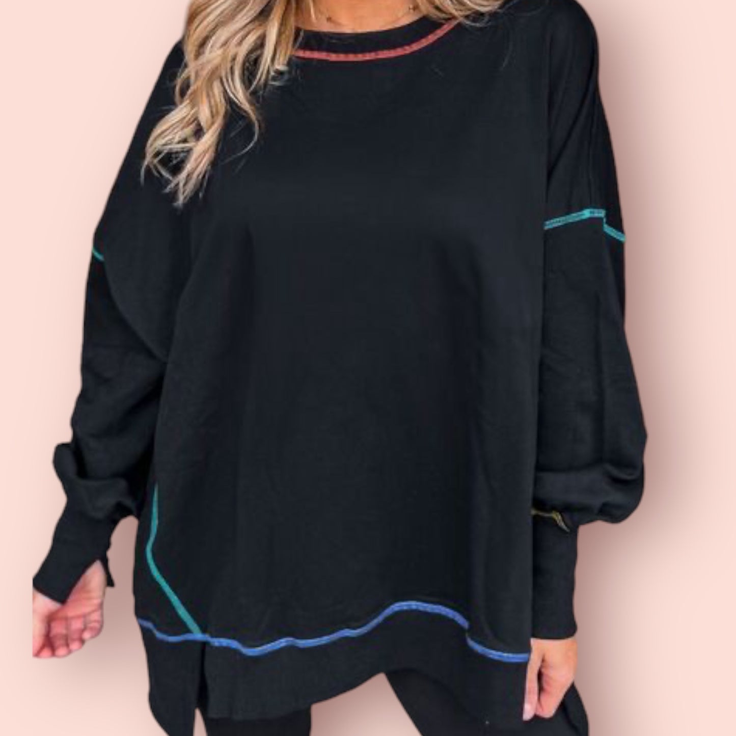 Made Just For You! Slit Round Neck Lantern Sweatshirt