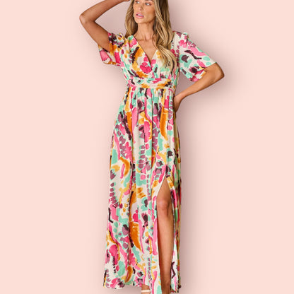 Made Just For You! Slit Printed Surplice Short Sleeve Maxi Dress