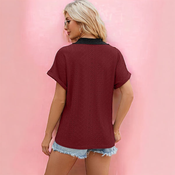 Made Just For You! Eyelet Johnny Collar Short Sleeve T-Shirt