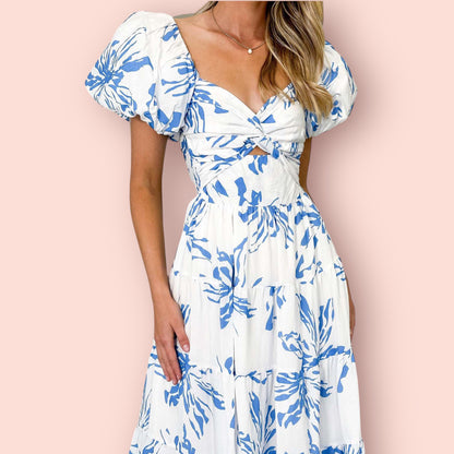 Made Just For You! Twisted Printed Puff Sleeve Maxi Dress