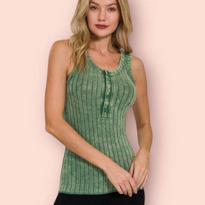 Made Just For You! Zenana Washed Ribbed Half Snap Henry Tank