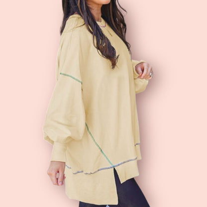 Made Just For You! Slit Round Neck Lantern Sweatshirt