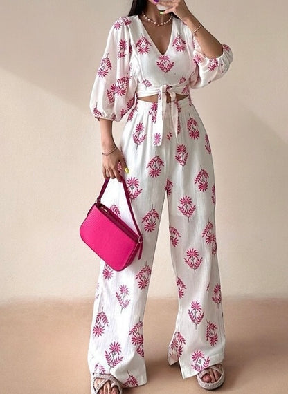 Women's Elegant V-neck Printed Puff Sleeve Top Trousers Two-Piece Set