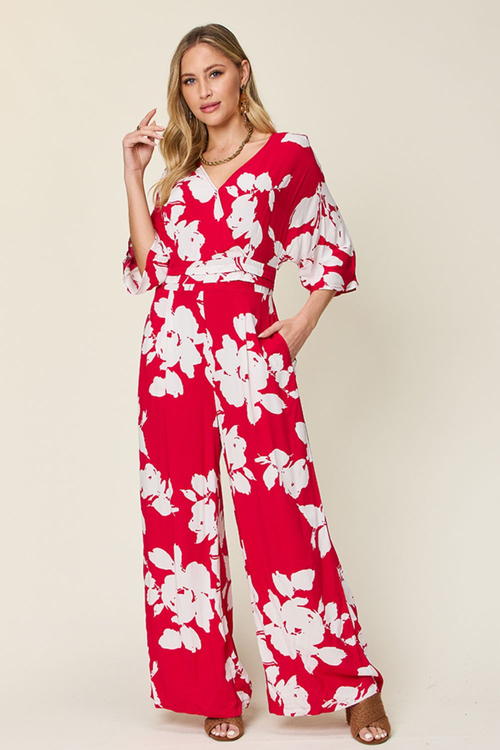 Made Just For You! Double Take Full Size Printed Tie Back Wide Leg Jumpsuit