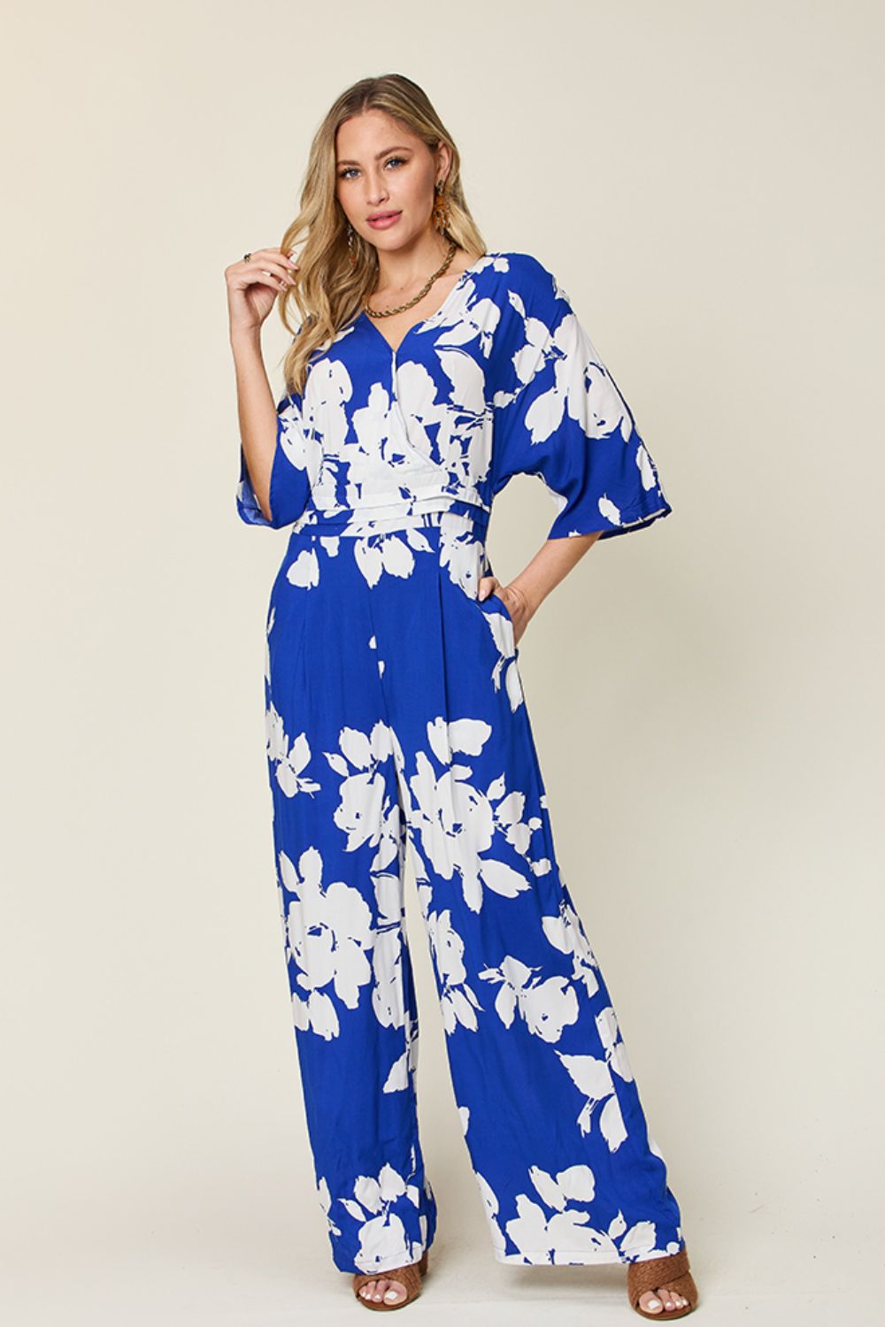 Made Just For You! Double Take Full Size Printed Tie Back Wide Leg Jumpsuit