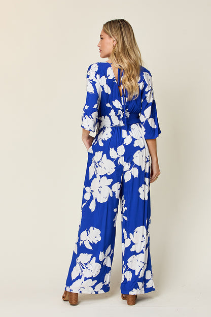 Made Just For You! Double Take Full Size Printed Tie Back Wide Leg Jumpsuit